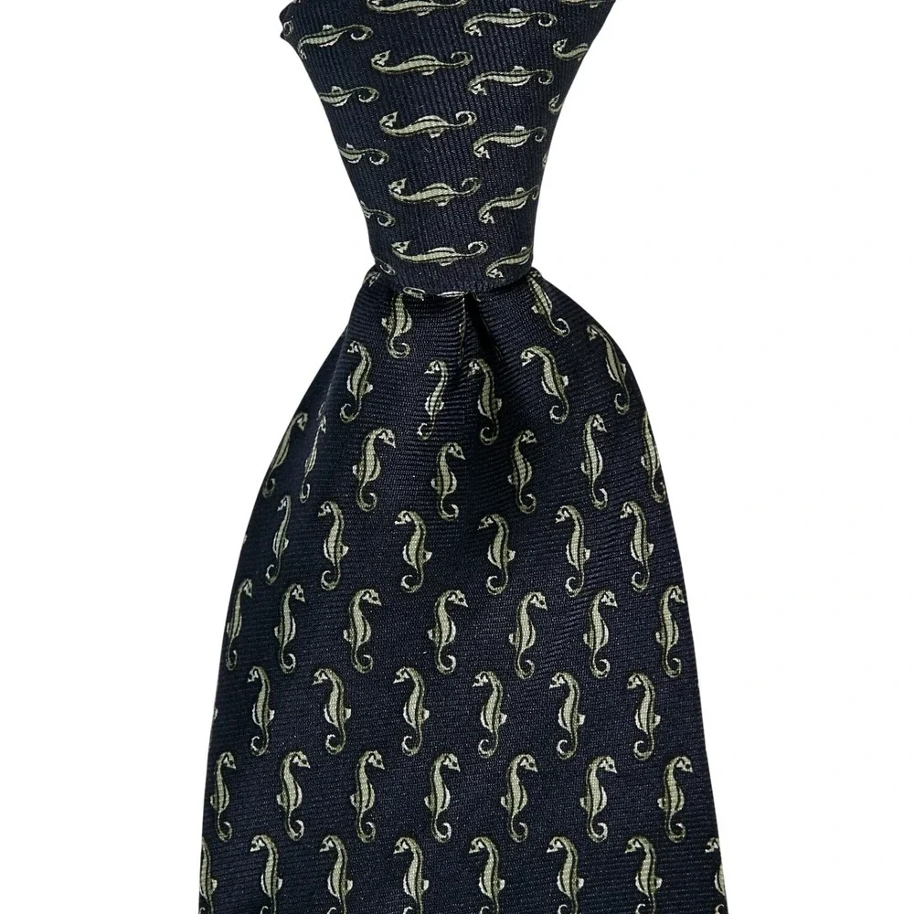 Brooks Brothers Makers Men's 100% Silk Necktie‎ Designer Navy Blue Seahorse Repp